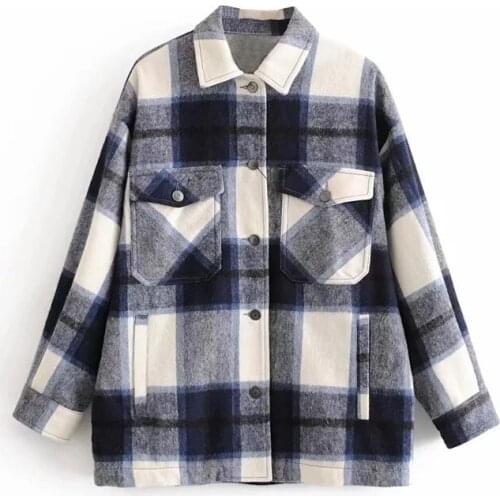Vogue stylish lady plaid woolen za shirt jackets chic lady autumn fashion pockets think warm long outwear girls oversize coats
