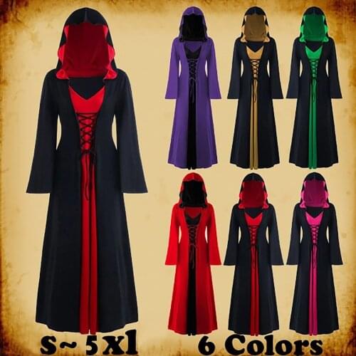 Halloween Costumes For Women Plus Size Hooded Robe Costume Cosplay Party Gothic Long Sleeve Maxi Dress Lace Up Patchwork Dresses
