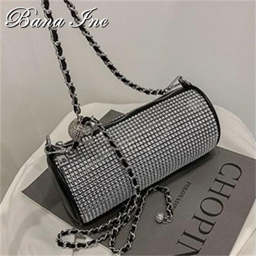 Women Shoulder Purse Diamond Bling Small Handbags And Purse Cylinder Metal Chain Crossbody Bags For Women 2021 Hand Purse