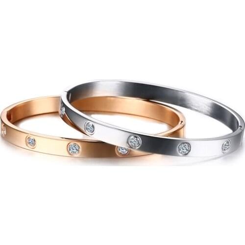Luxury Brand Women Open Cuff Bangles Bracelets Rose Gold Stainless Steel Crystal Bracelets Wristband Jewelry for Wedding Female