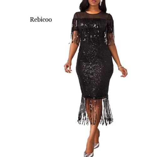 Plus Size S-5XL Spring Summer Tassels Sequined Black Sexy Bodycon Midi Dress Mesh Patchwork Bling Bandage Dress Party Night Club