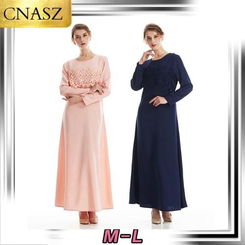 2019 New Muslim Lace Openwork Arabian Elegant Ladies Dress Abaya Turkey Pure Color Temperament Dress Dubai Evening Long Skirt