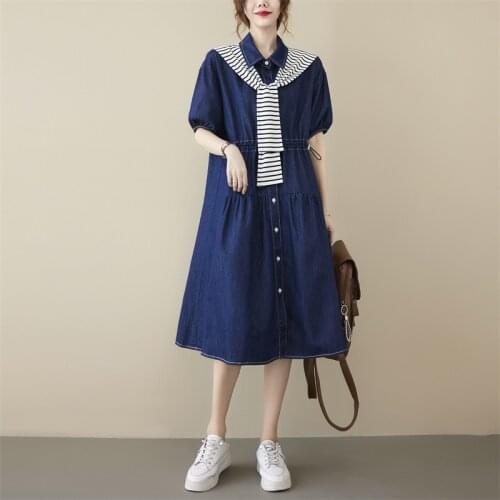 Johnature Summer New Denim Dress For Women(with Shoulder) 2021 Casual Turn-down Collar Button Pockets Loose Female Dresses