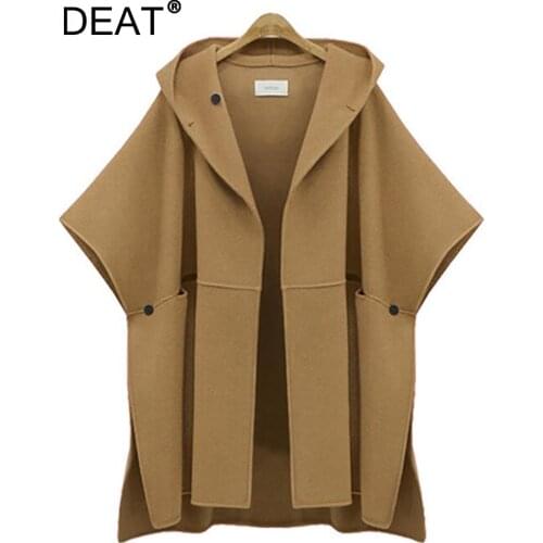 DEAT Autumn 2021 New Solid Color Feshion Korean Hood Batwing Sleeve Cape Tweed Casual Womens Loose Woolen Coat 7I0225