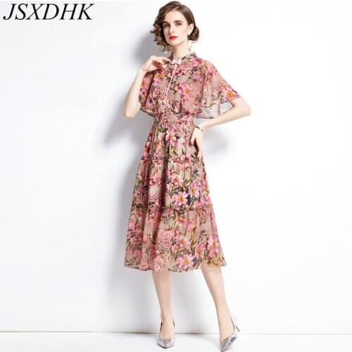 JSXDHK New Arrival Vintage Summer Printed Chiffon Dress Elegant Womens Beaded Bow Flower Butterfly Sleeve Ruffles Midi Dresses