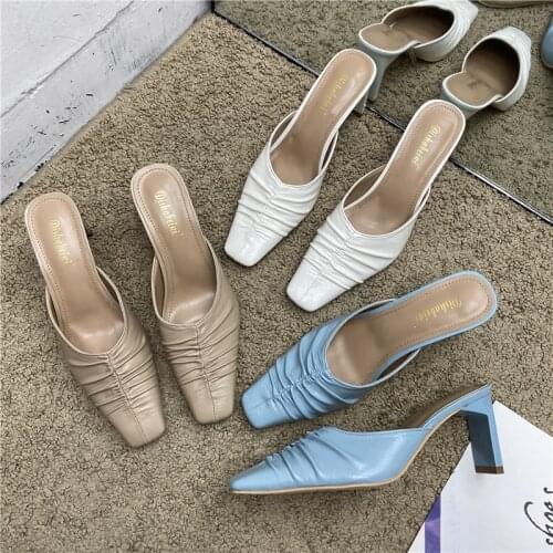 2021 Summer Square toe Women slippers Fashion Thin heeled Ladies Mules Elegant Female High heels Outside Slides Women Sandals