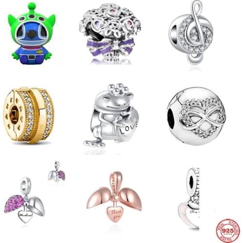 New Bow Heart Clip Ant Musical Beads Fit Original Pandora Charms 925 Sterling Silver Bracelet Jewelry Women Acessories Diy
