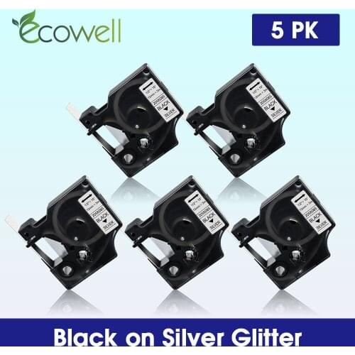 Ecowell 5PK Printer ribbon for Dymo D1 label tape 2056085 Black on Silver Glitter for Dymo LabelManager Label Maker 160 280 210D