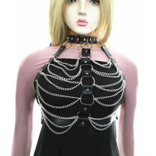 Goth Leather Body Harness Metal Chains Necklace Women Bra Top Chest Chain Belt Witch Gothic Punk Fashion Girl Festival Jewelry