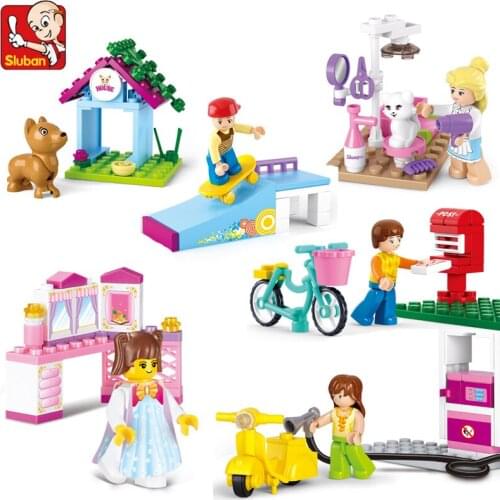 Sluban City Girls Friends Gas Station Pet Grooming Puppy Dog House Skater Boy Princess Model Building Blocks Toys For Children