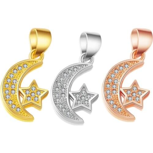 Copper Inlaid Zircon Arabian Star Moon Charm Necklace CZ Pendant No Chain Handmade DIY Fashion Jewelry Making Find Accessories
