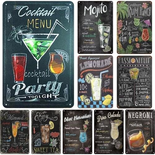 Pub Cocktail Menu Mojito Pina Colada Negroni Retro Vintage Metal Plate Bar Decoration Wall Decor Metal Poster Tin Sign For Club