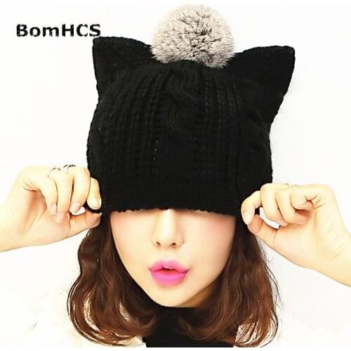 BomHCS Cute Cat Ears Beanie with Soft Fur Pompom 100% Handmade Knitted Hat