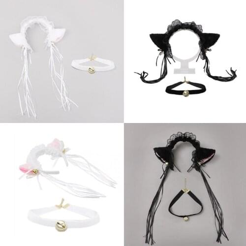 Girls Cute Cartoon Headband Furry Lovely Ears with Bow Necklace Bells Headwear Choker Collar Set for Halloween Party