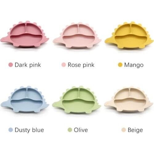 Cartoon Dinosaur Baby Suction Cup Bowl Divided Dinner Plate Infants Learning Feeding Dish Non-toxic BPA-Free Silicone Solid Colo