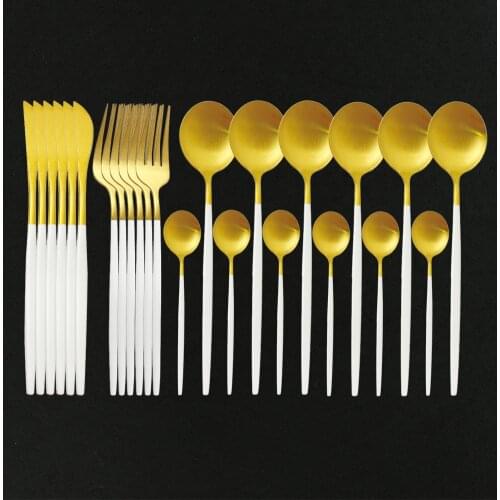 24Pcs White Gold Cutlery Set Knife Dinner Fork Spoon Dinnerware Set Stainless Steel Tableware Set Home Kitchen Silverware Set