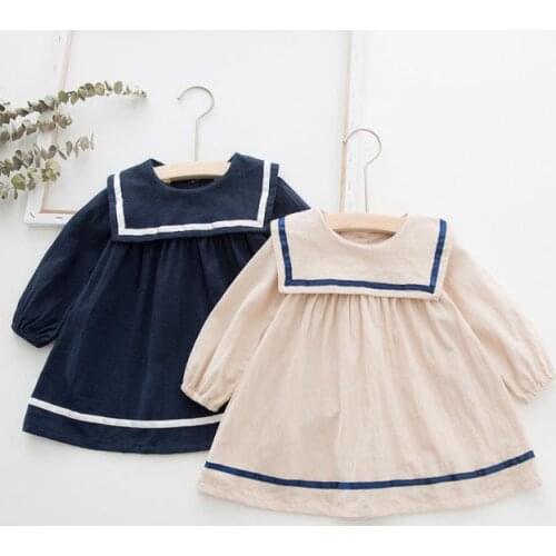 2019 fall girls dress new navy lapel cotton children trendy college style girl dress