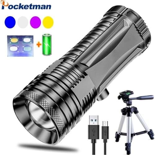 Portable 4 LED Light Sources Blue Light/White Light/Purple Light/Yellow Light 4 LED Outdoor Flashlight USB Torch with Bracket