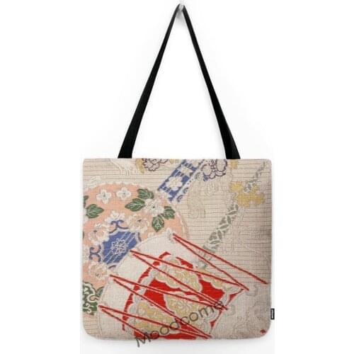 Nordic Modern Art Japanese Wood Carving Art Pattern Bamboo Leaves Flower Birds Orange Tote Bag Waterproof Summer Shoulder Bag