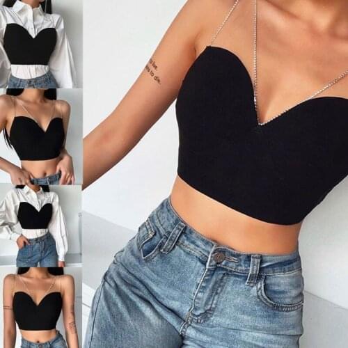 Women Rhinestone Chain Strap Crop Top Sexy V-Neck Backless Slim Bustier Camisole