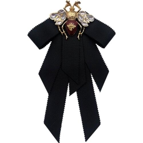 Vintage Ribbon Women Big Bowtie Bee Bowknot Bow Tie Cravat Crystal Brooch Pin A5KE