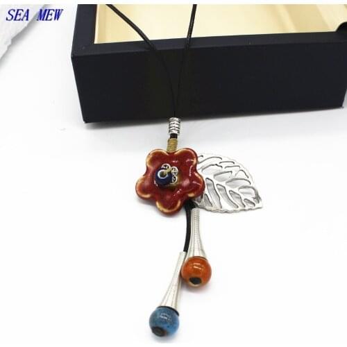 SEA MEW Fashion Jingdezhen Ceramic Flowers Bead Long Necklace Wax Rope Sweater Long Necklace For Women Girls Gift