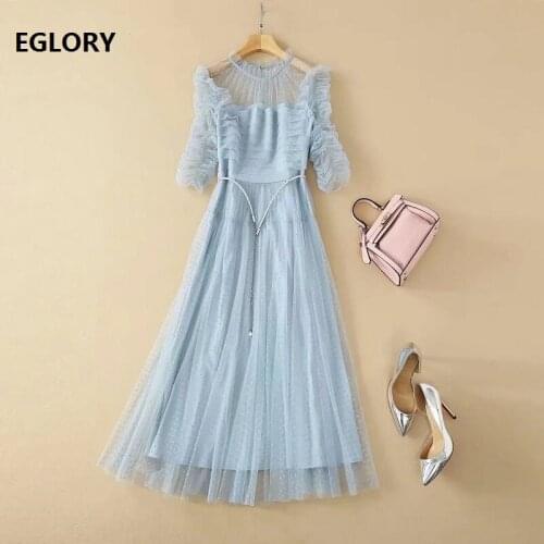 High Quality Brand New 2021 Spring Summer Dress for Women Beading Belt Deco Pleated Sleeve Polka Dot Print Sexy Blue Mesh Dress