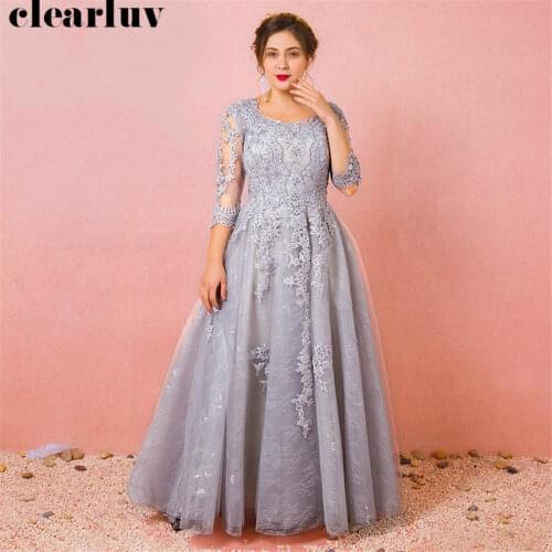 Three Quarter Sleeve Formal Gown Gray Robe De Soiree T477 2019 Plus Size Evening Dress O-neck A-line Elegant Women Party Dresses