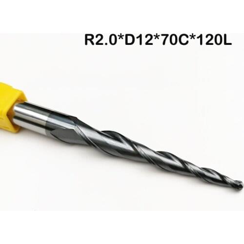1pc-R2.0*D12*70*120L*2F HRC55 Tungsten solid carbide Tapered Ball Nose End Mills and cone CNC Milling cutter