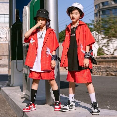 2021 Jazz Modern Dance Costumes For Kids Chinese Style Red Hiphop Loose Outfits Children Ballroom Hip Hop Dance Clothes DQS7465