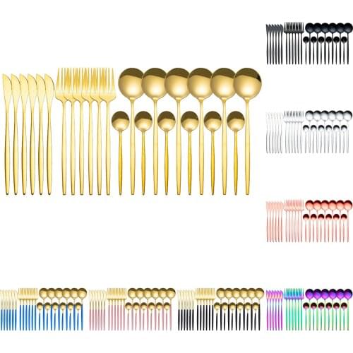 24PCs Stainless Steel Dinnerware Sets Glossy Silver Gold Cutlery Sets Knife Fork Coffee Spoon Flatware Set Dishwasher Tableware
