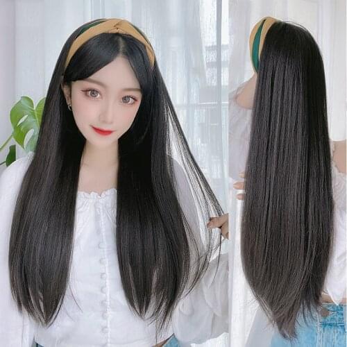 65 Cm Long Hat False Hair Band Female Long Curly Hair Big Wave Wide Edge Cross Hair Band Wig Long Straight Hair Head Set