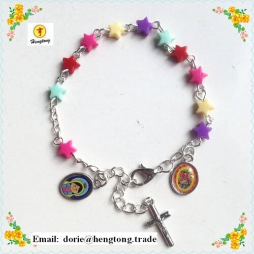Free shipping 10pcs/pack star bead baby virgin Guadalupe children rosary, colorful icon rosary cute icons bracelet special offer