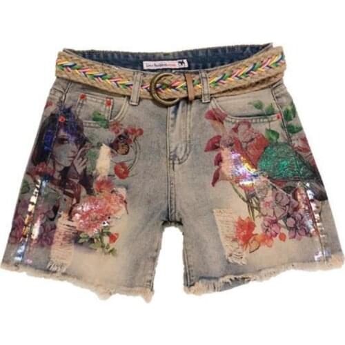 Denim shorts womens Internet celebrities retro cartoon pattern Bronzing print shorts burr hole high waist wide leg shorts F1294
