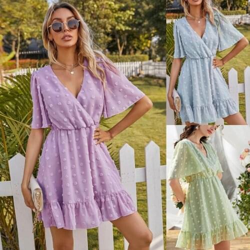 Elegant Applique Mini Dresses For Women Summer Short Sleeve V-neck Ruffles Dress 2021 Lady Casual Simplicity Dress Bohe Vestidos