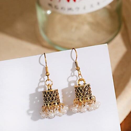 Classic Gold Bell Alloy Carved Indian Earrings For Women Vintage Pearl Bell Beads Tassel Dangling Earrings