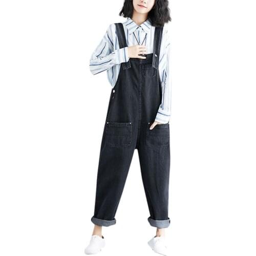 Women Vintage Black Wide Leg Jumpsuits Casual Plus Size Jeans Rompers Female Loose Overalls