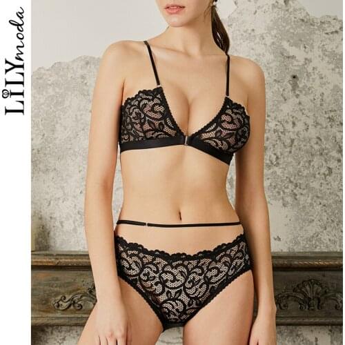 LILYMODA New Hollow Out Sexy Lace Bralette Wire Free Bra Brief Sets Lace Up Brassiere Tempting Underwear Lingerie Comfortable