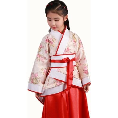 Chinese girl Chinese style Hanfu Costume Girls Children Kimono Traditional Vintage Ethnic Fan Students Chorus Dance Costume