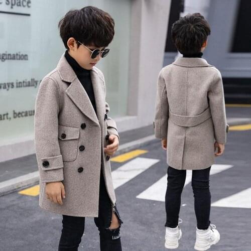 Fashion Winter Woolen Coat For 5-16 Boys 2021 New Turn Collar Double Breasted Big Pockets Solid Apricot Boy Coat High Quality