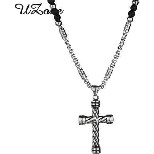 UZone Black Stone Cross Pendant Mens Rosary Necklace Stainless Steel Catholic Crucifix Pendant Necklace Chain Gift