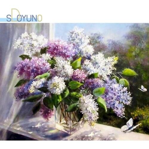 SDOYUNO DIY Paint By Numbers Kits 60X75cm Oil Painting By Numbers On Canvas Purple Flowers Frame Handpaint Coloring By Numbers