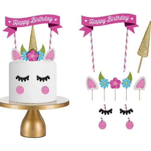 A Set of Unicorn Cakes with Flags Birthday Party Cake Decorations Party Supplies Birthday Cake with Flag Decoration Baby Shower