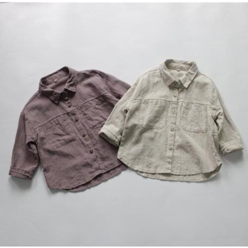 Autumn childrens long sleeve shirt cotton linen solid color pocket childrens shirt boys shirts