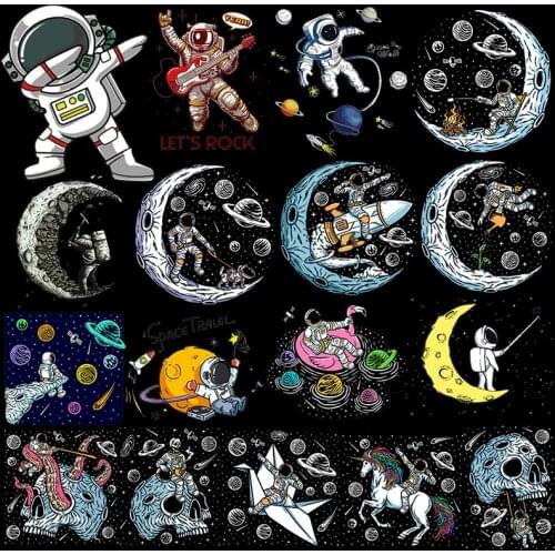 Pulaqi Space Iron On Transfer For Clothing Moon Spaceship Astronaut Stickers Patches On Clothes Cartoon Patch Applique Stripes