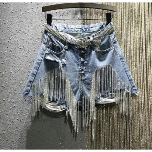 Hot Pants Women Fashion Man-made Diamond Tassels High-waisted A- Line Denim Shorts Womens Summer New Jean Shorts Jeans Short