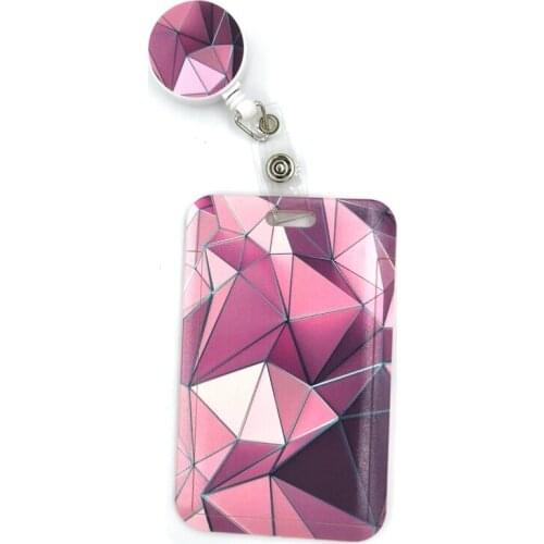 Pink Lattice Pattern Cartoon Cute Credit Card Holder Lanyard Women Men Kid Student Reel ID Name Bus Clips Card Badge Holder