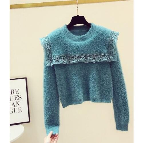 Sweater for Women 2020 Autumn Winter New Lace Doll Collar Long Sleeve Short Loose Sweaters Womens Korean Mohair Fur Knit Shirts