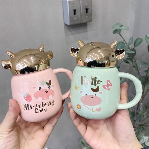 Unique design Cartoon horn Ceramic mug With Bright gold lid milk Mugs Drinkware Coffee cup Tea Cups Novelty Gifts milk cup