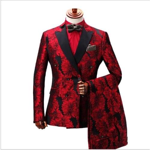 High Quality Fashion Red Flower Printed Groom Men Suits Double Breasted Blazer Prom Party Tuxedos Peaked Lapel Men Wedding Suits